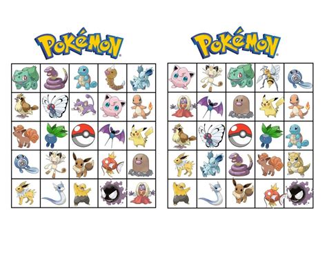 Free Printable Pokemon Bingo Cards